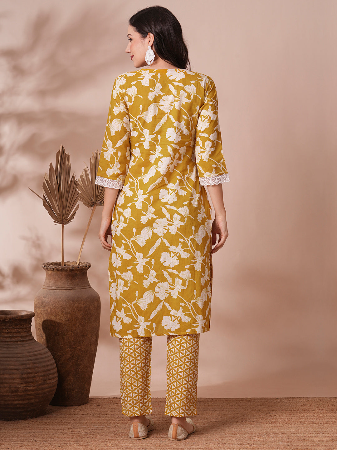 Ethnic Floral Printed & Embroidered Straight Fit Kurta with Pant - Mustard