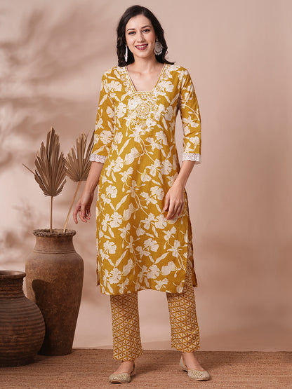 Ethnic Floral Printed & Embroidered Straight Fit Kurta with Pant - Mustard