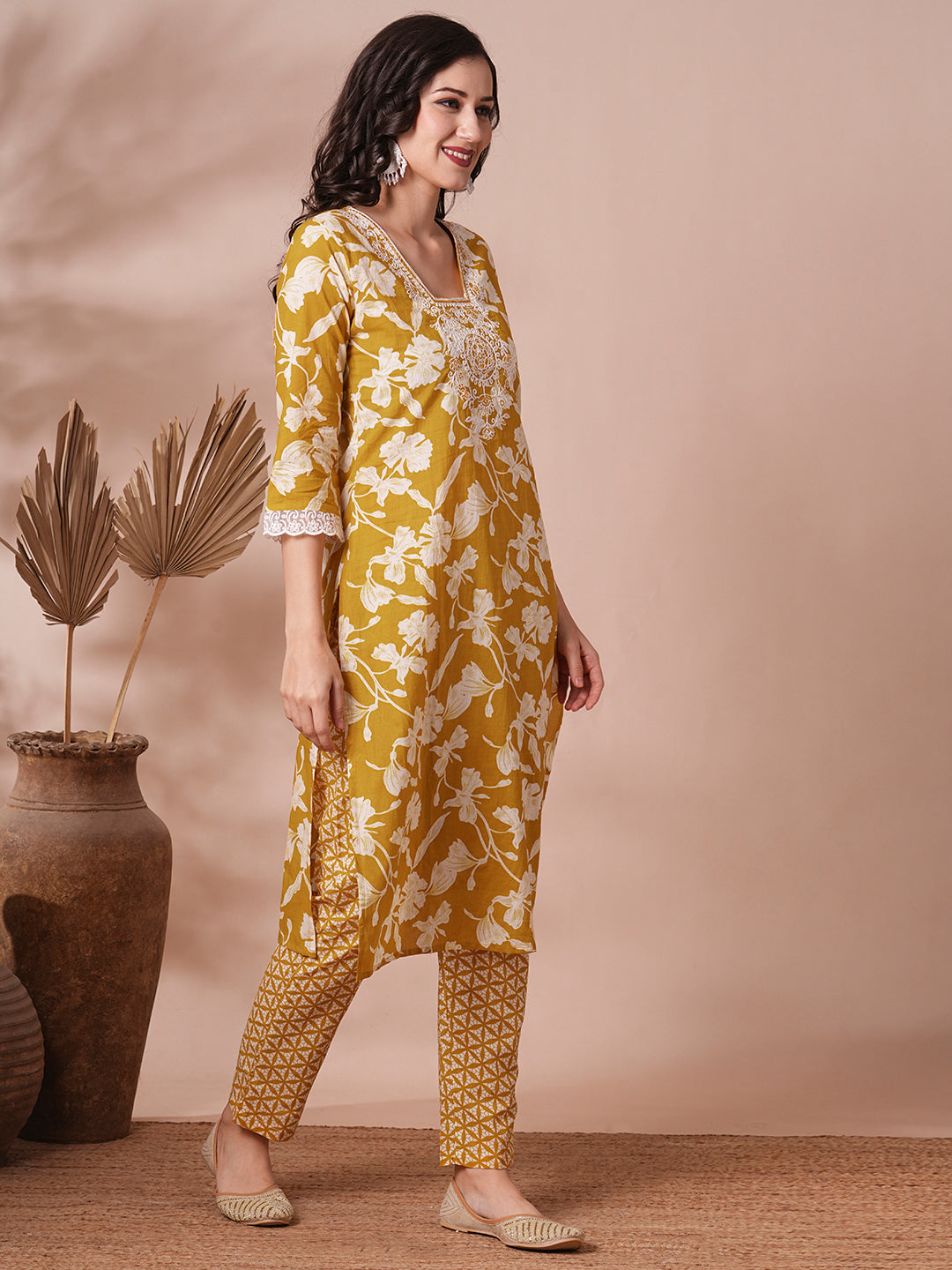 Ethnic Floral Printed & Embroidered Straight Fit Kurta with Pant - Mustard