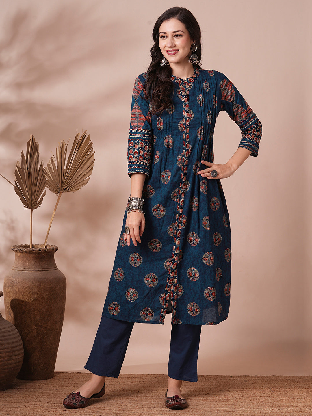 Ethnic Floral Printed A-Line Pleated Kurta with Pant - Blue