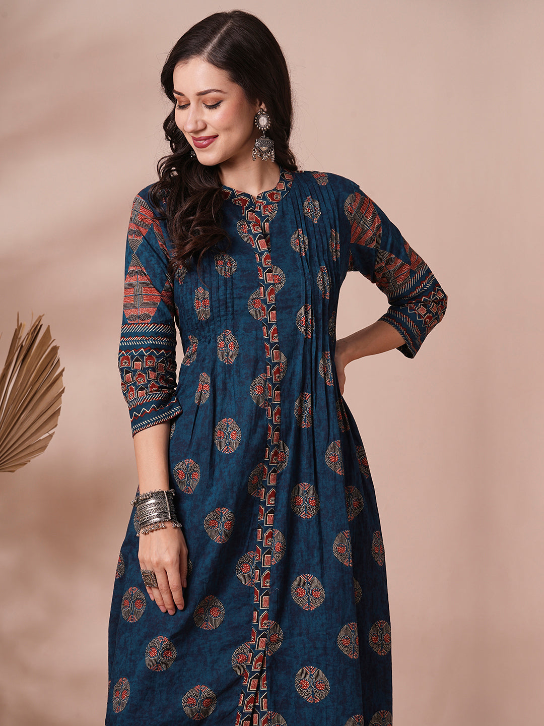 Ethnic Floral Printed A-Line Pleated Kurta with Pant - Blue