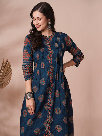 Ethnic Floral Printed A-Line Pleated Kurta with Pant - Blue