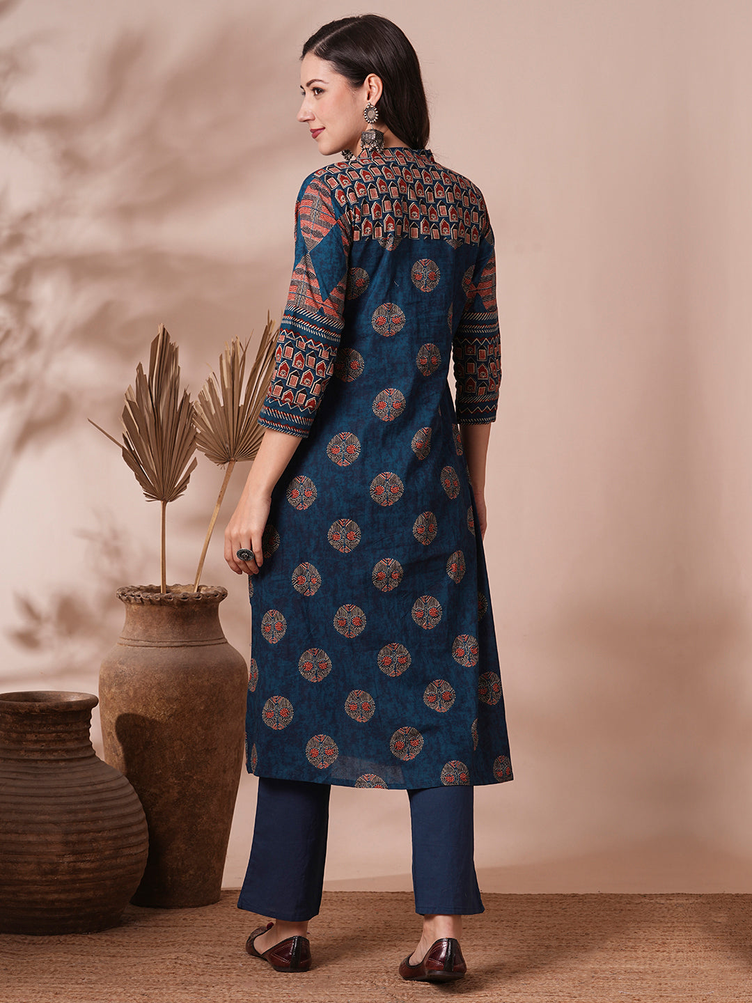 Ethnic Floral Printed A-Line Pleated Kurta with Pant - Blue