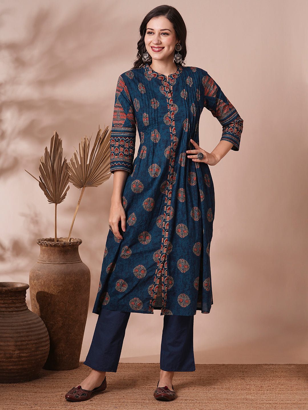 Ethnic Floral Printed A-Line Pleated Kurta with Pant - Blue