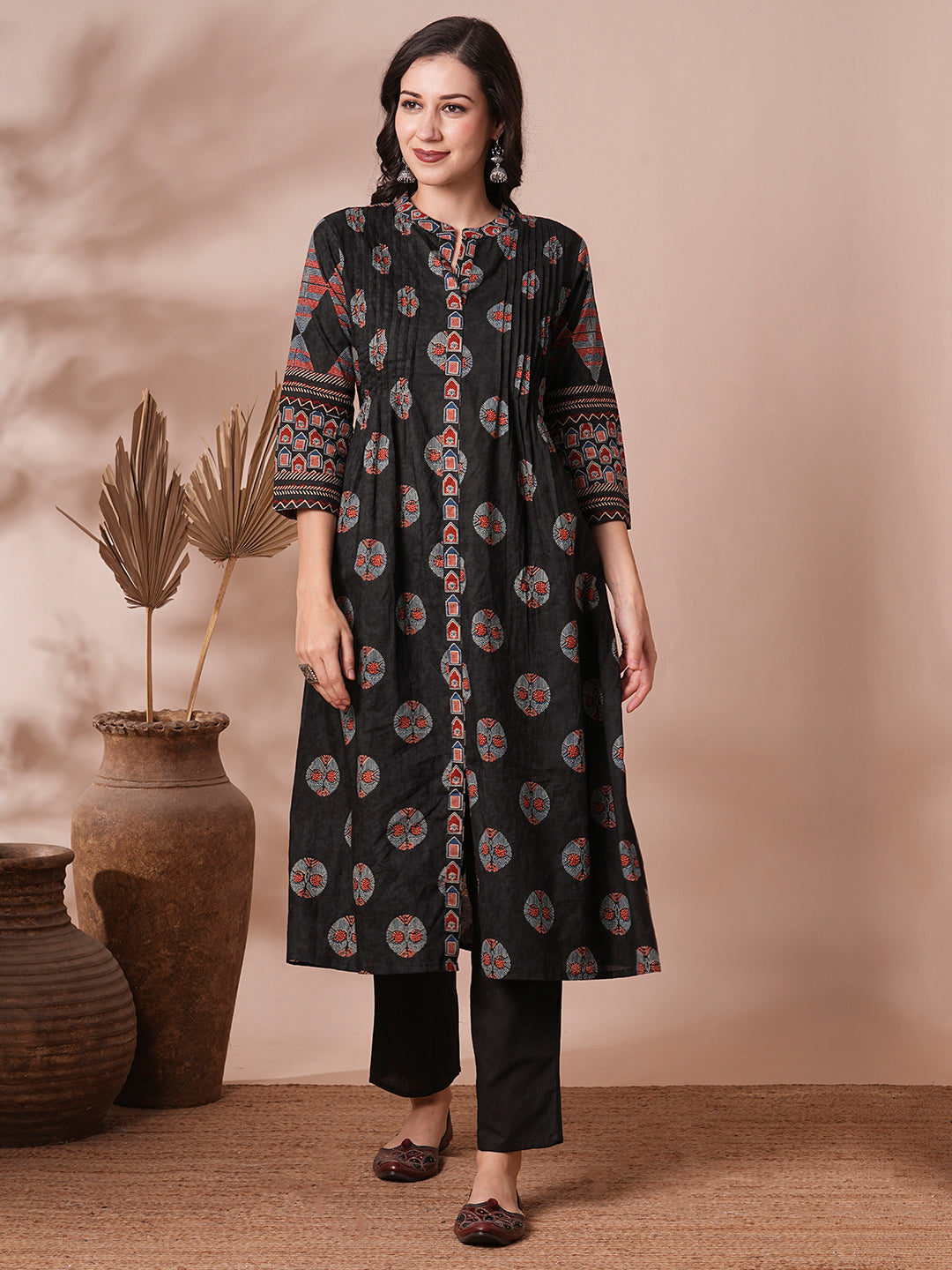 Ethnic Floral Printed A-Line Pleated Kurta with Pant - Black