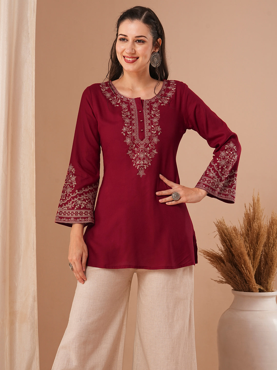 Solid Ethnic Floral Embroidered Straight Fit Kurti Maroon FASHOR