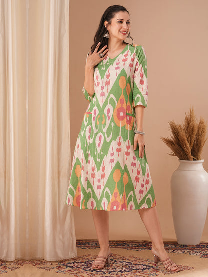 Abstract Ikat Printed A-Line Paneled Dress - Multi