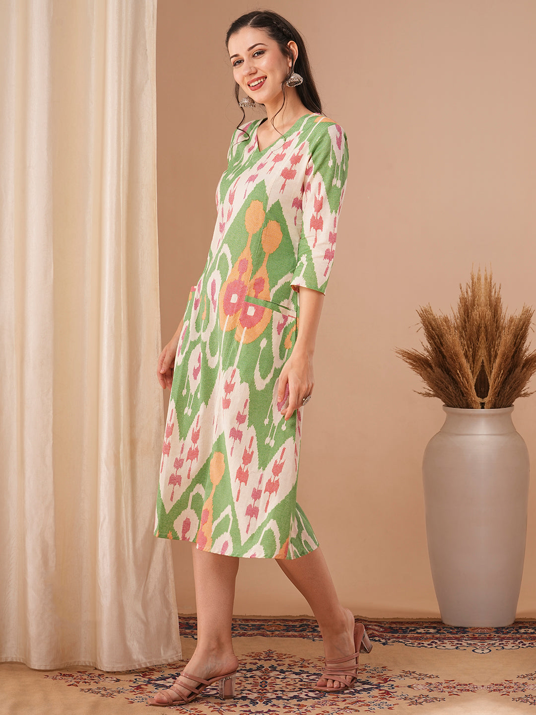 Abstract Ikat Printed A-Line Paneled Dress - Multi