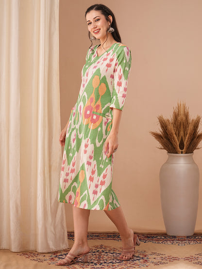 Abstract Ikat Printed A-Line Paneled Dress - Multi