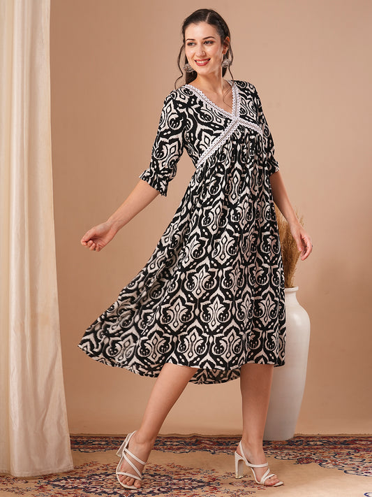 Ethnic Abstract Printed A-Line Pleated Midi Dress - Black