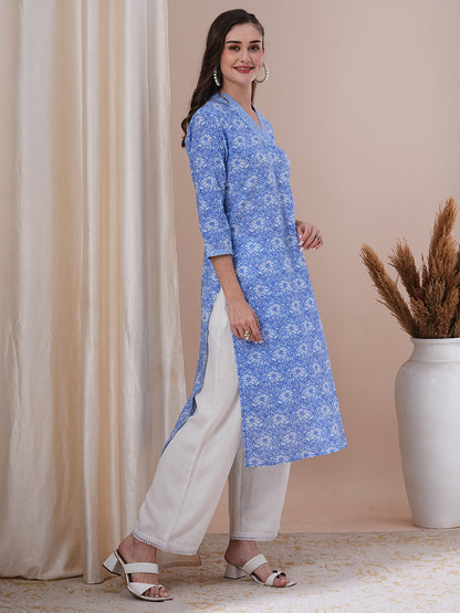 Ethnic Floral Printed & Sequin Embroidered Straight Fit Kurta - Blue