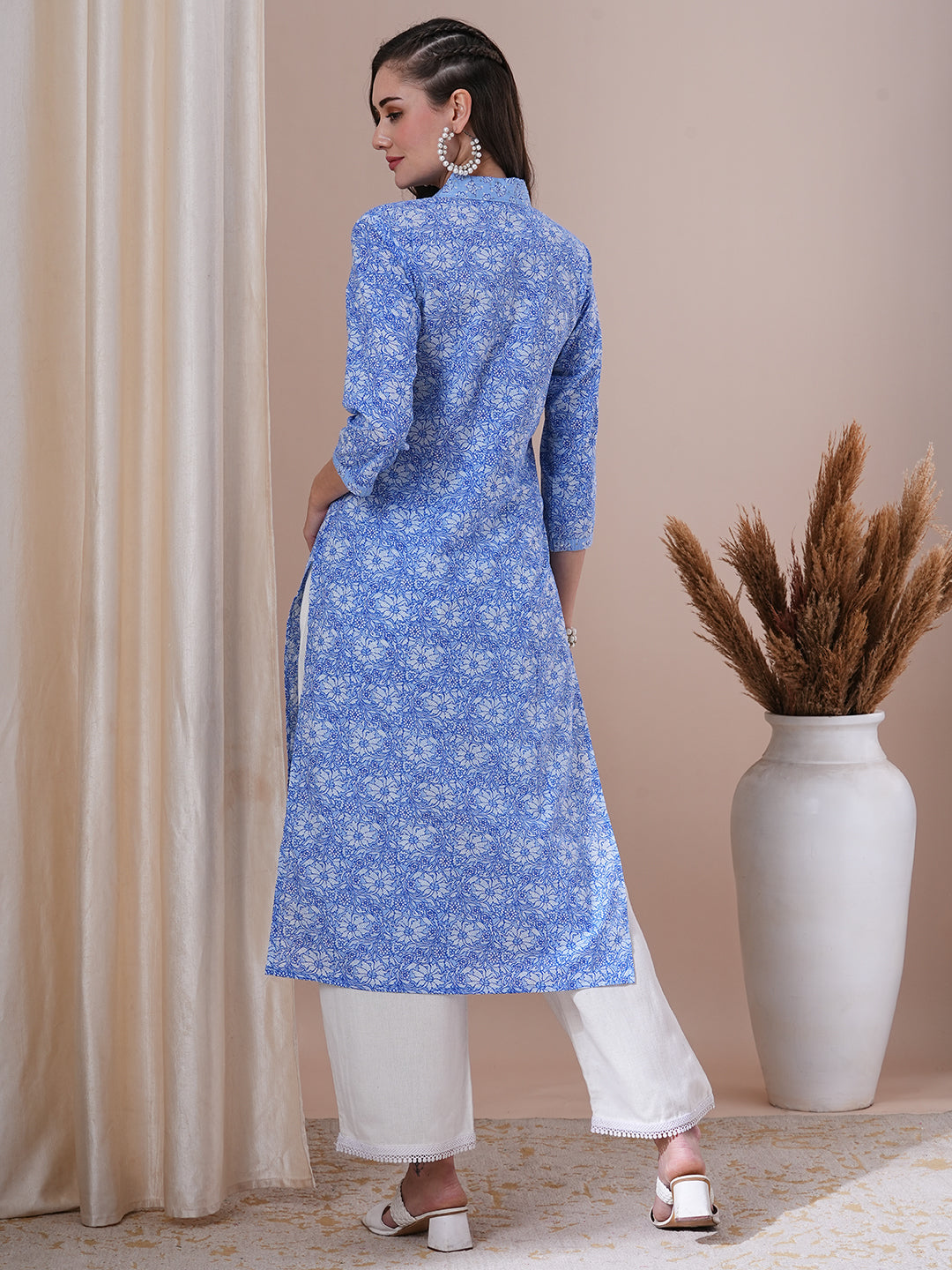 Ethnic Floral Printed & Sequin Embroidered Straight Fit Kurta - Blue