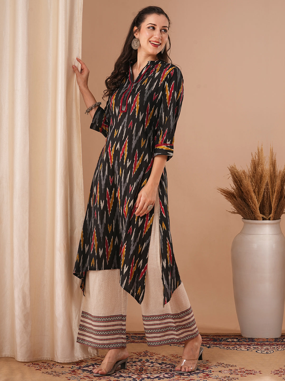 Ethnic Ikat Printed A-Line Kurta - Black