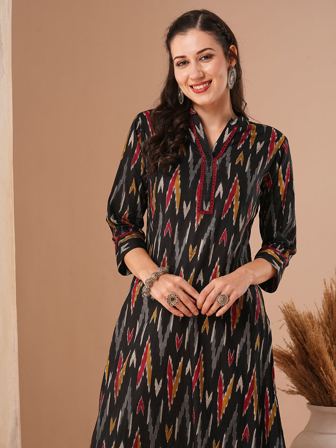 Ethnic Ikat Printed A-Line Kurta - Black