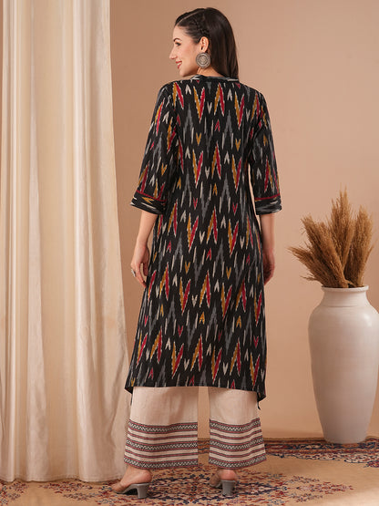 Ethnic Ikat Printed A-Line Kurta - Black