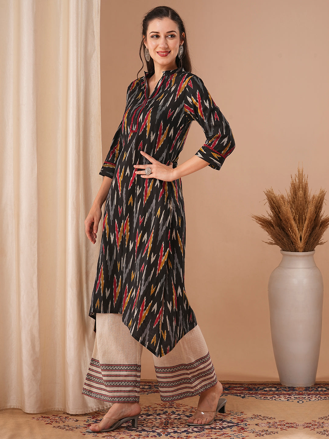 Ethnic Ikat Printed A-Line Kurta - Black