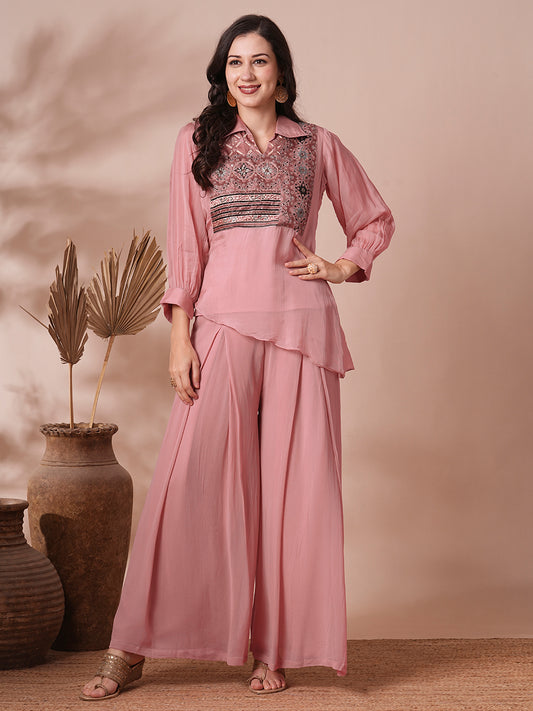 Solid Ethnic Hand Embroidered A-Line Kurta with Palazzo and Belt - Pink