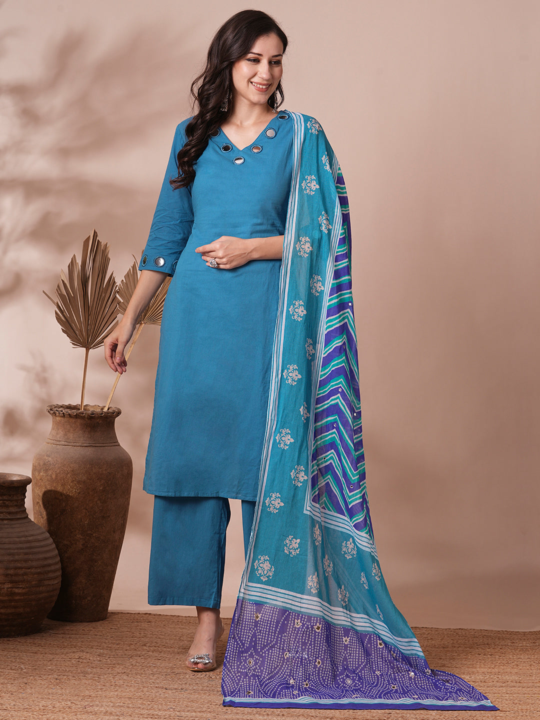 Solid Mirror Work Embroidered Straight Fit Kurta with Pant and Printed Dupatta - Blue