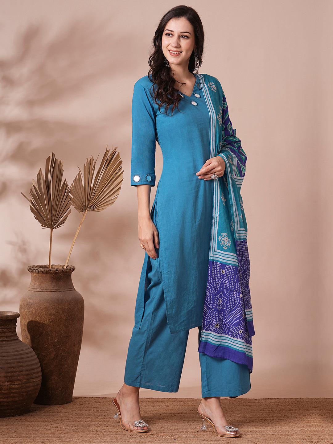 Solid Mirror Work Embroidered Straight Fit Kurta with Pant and Printed Dupatta - Blue