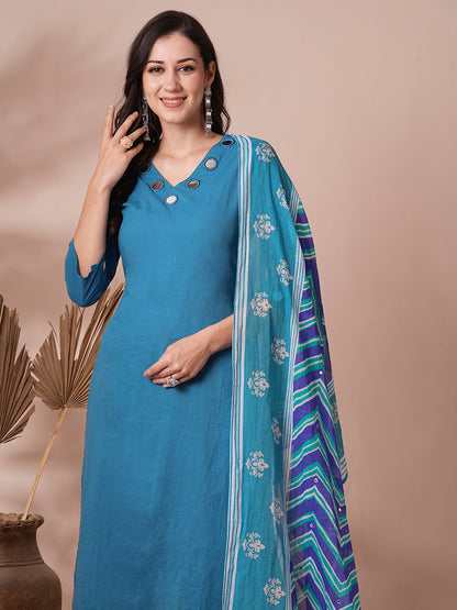 Solid Mirror Work Embroidered Straight Fit Kurta with Pant and Printed Dupatta - Blue