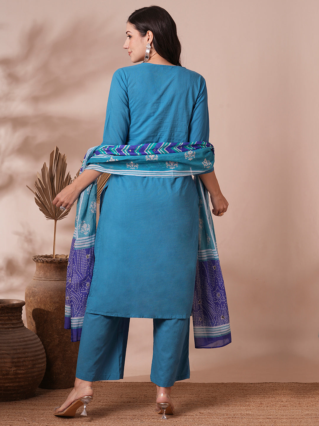 Solid Mirror Work Embroidered Straight Fit Kurta with Pant and Printed Dupatta - Blue