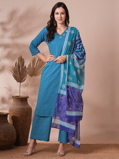 Solid Mirror Work Embroidered Straight Fit Kurta with Pant and Printed Dupatta - Blue