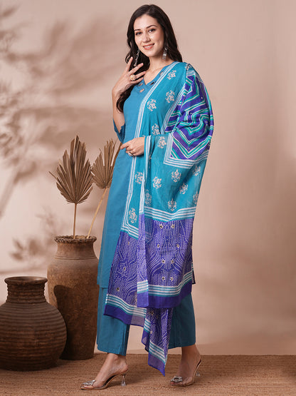 Solid Mirror Work Embroidered Straight Fit Kurta with Pant and Printed Dupatta - Blue