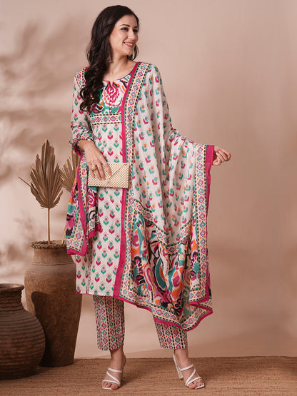 Ethnic Printed Straight Fit Kurta with Pant and Dupatta - Off White