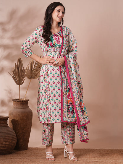 Ethnic Printed Straight Fit Kurta with Pant and Dupatta - Off White