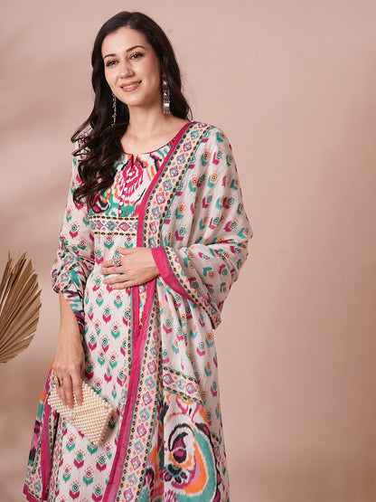 Ethnic Printed Straight Fit Kurta with Pant and Dupatta - Off White