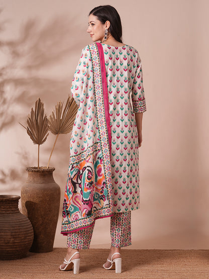 Ethnic Printed Straight Fit Kurta with Pant and Dupatta - Off White