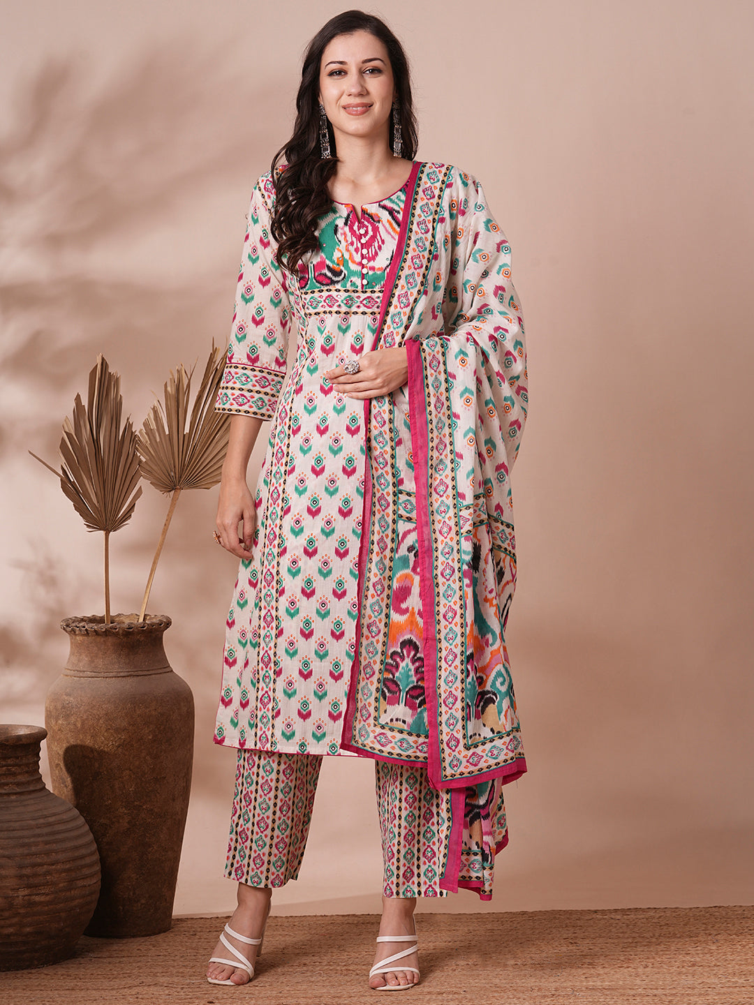 Ethnic Printed Straight Fit Kurta with Pant and Dupatta - Off White