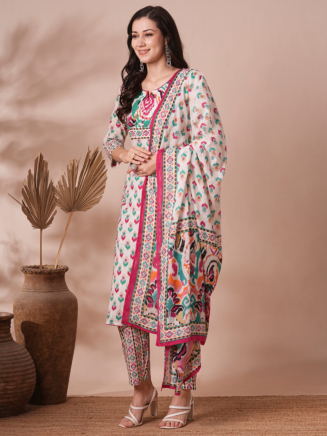 Ethnic Printed Straight Fit Kurta with Pant and Dupatta - Off White