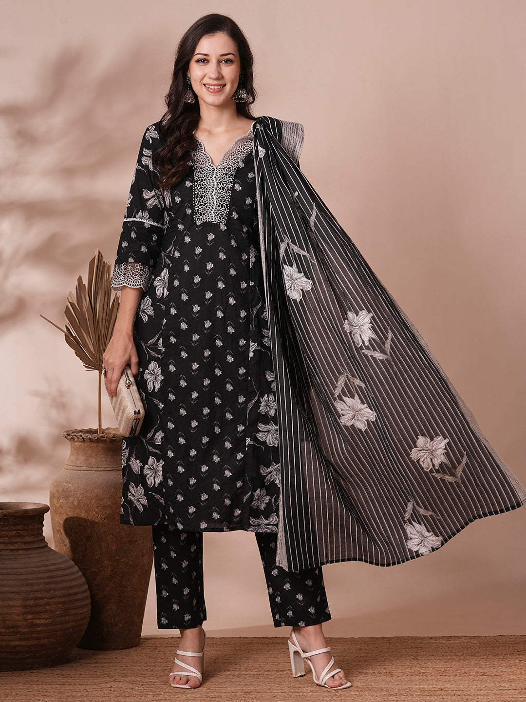 Floral Printed & Embroidered Straight Fit Kurta with Pant & Dupatta - Black