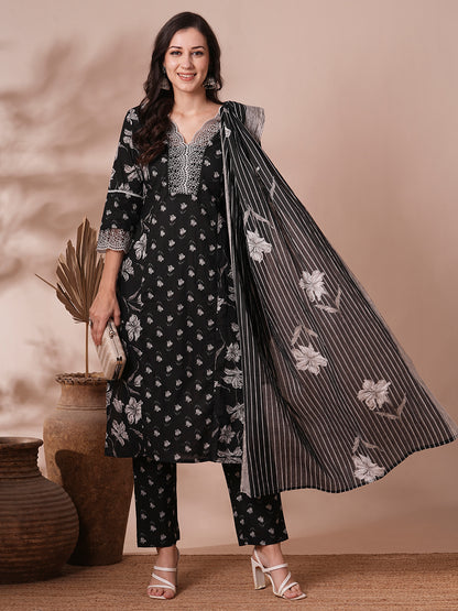 Floral Printed & Embroidered Straight Fit Kurta with Pant & Dupatta - Black