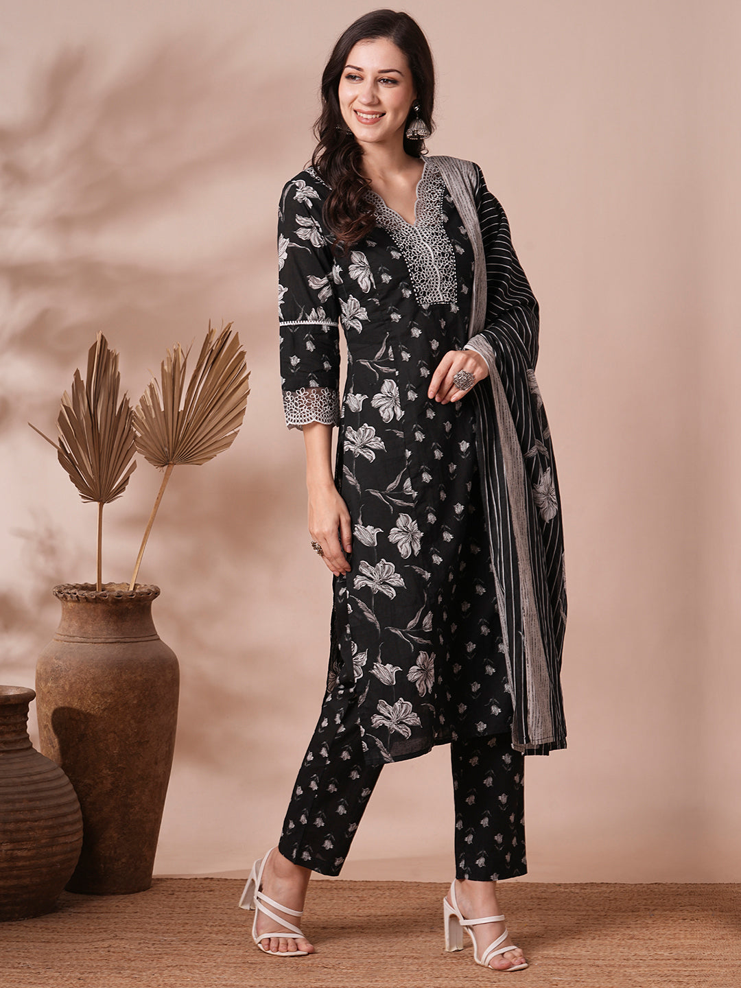 Floral Printed & Embroidered Straight Fit Kurta with Pant & Dupatta - Black