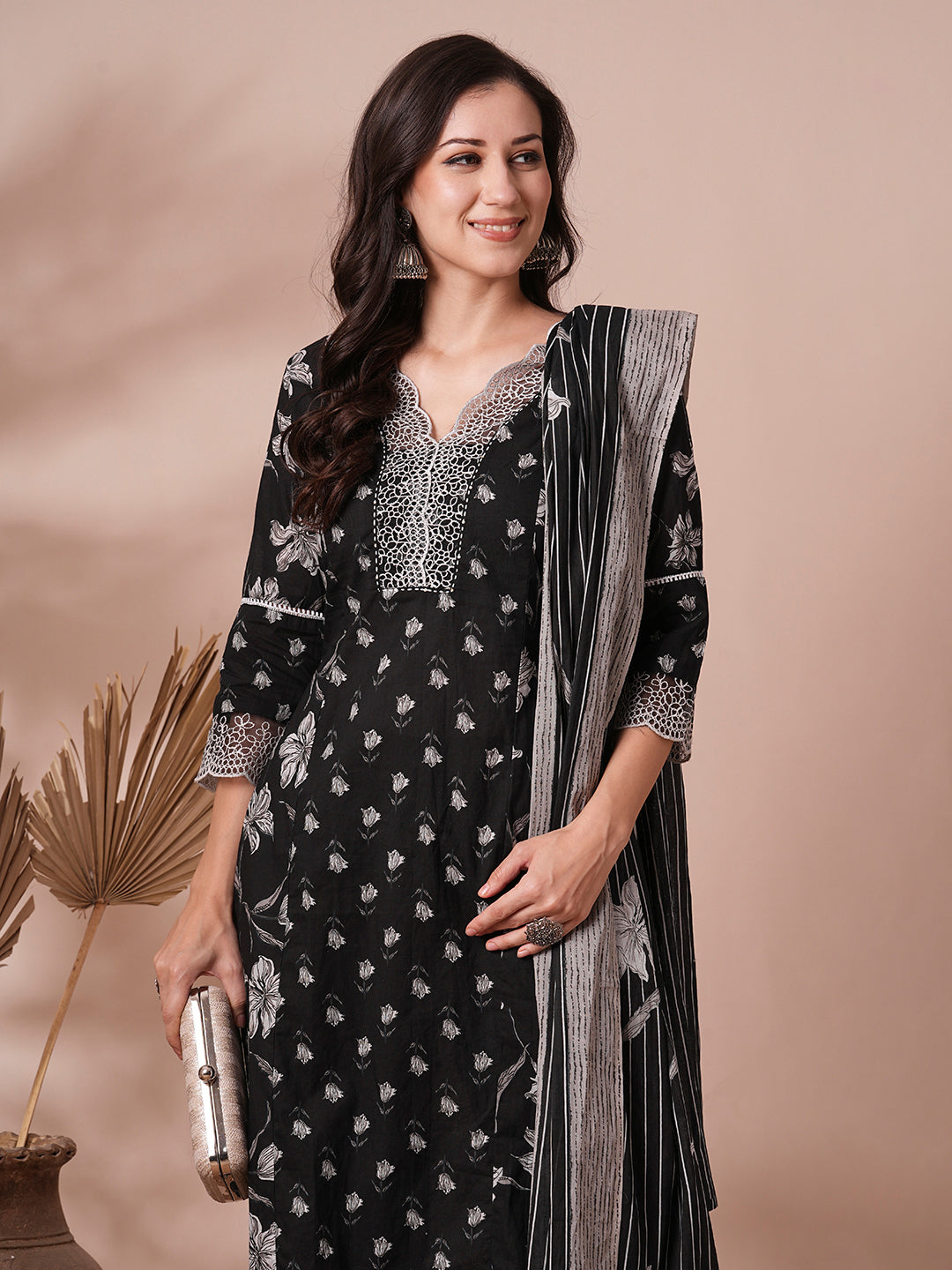 Floral Printed & Embroidered Straight Fit Kurta with Pant & Dupatta - Black