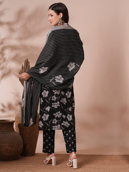 Floral Printed & Embroidered Straight Fit Kurta with Pant & Dupatta - Black