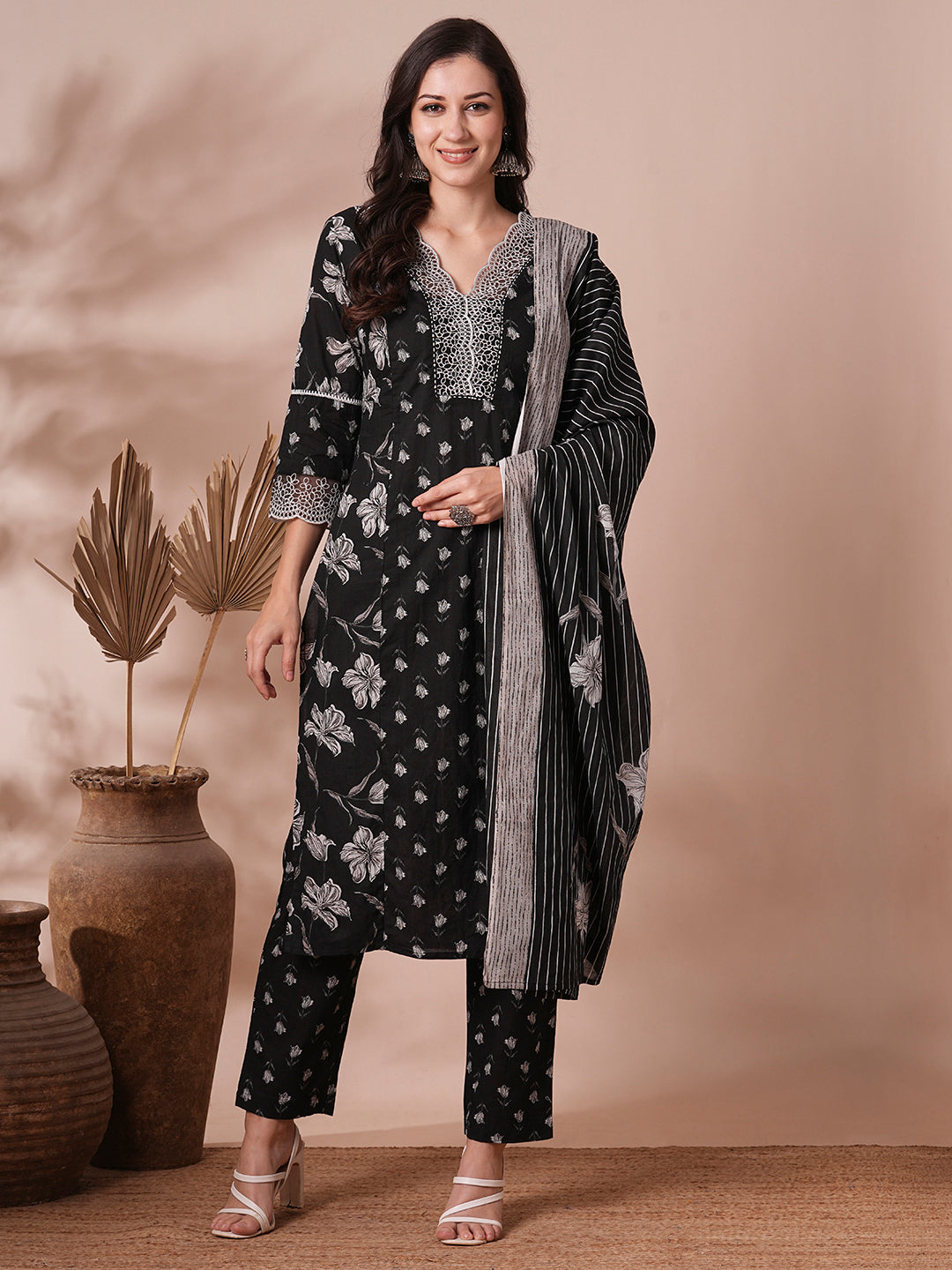 Floral Printed & Embroidered Straight Fit Kurta with Pant & Dupatta - Black