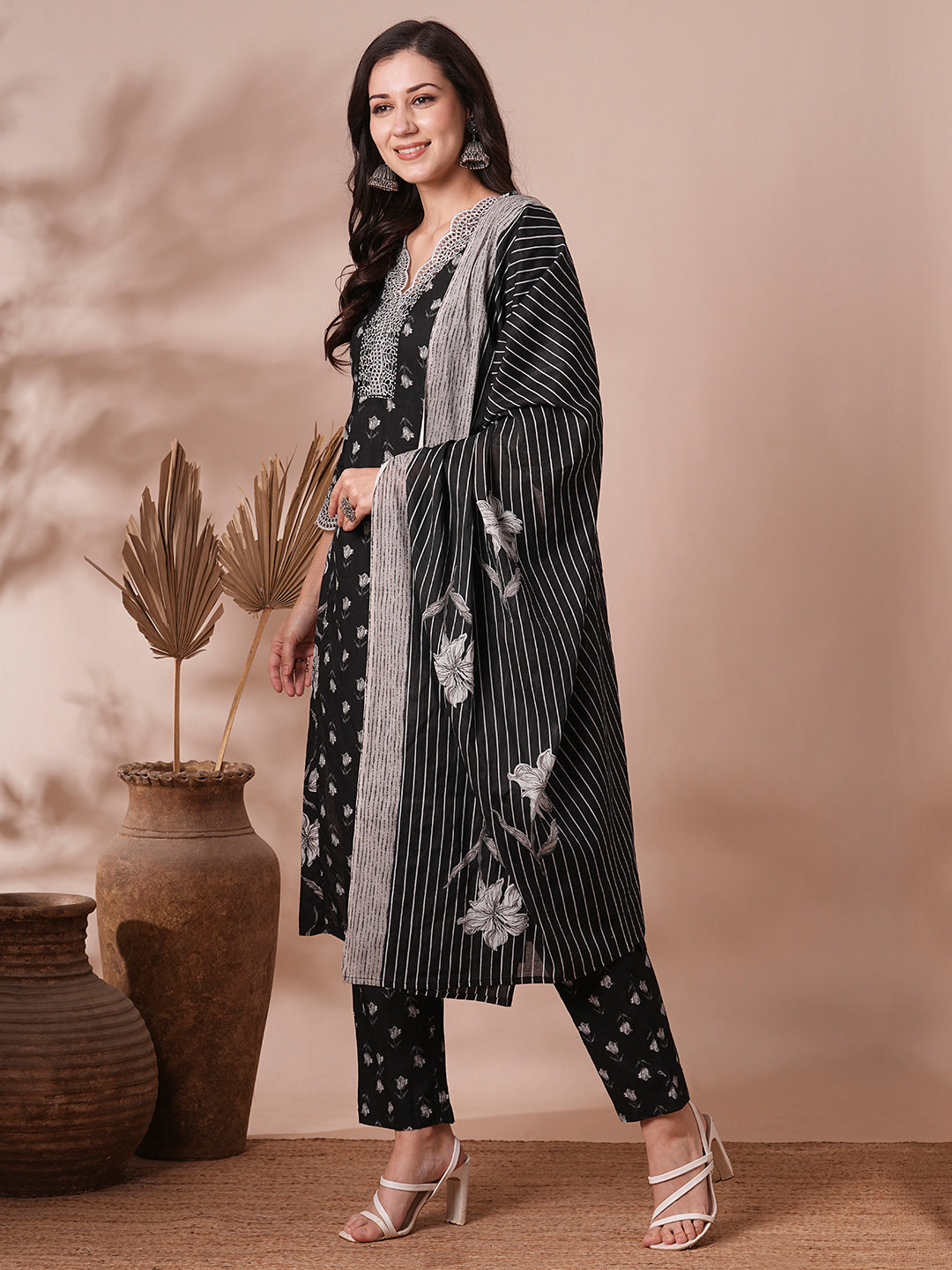 Floral Printed & Embroidered Straight Fit Kurta with Pant & Dupatta - Black