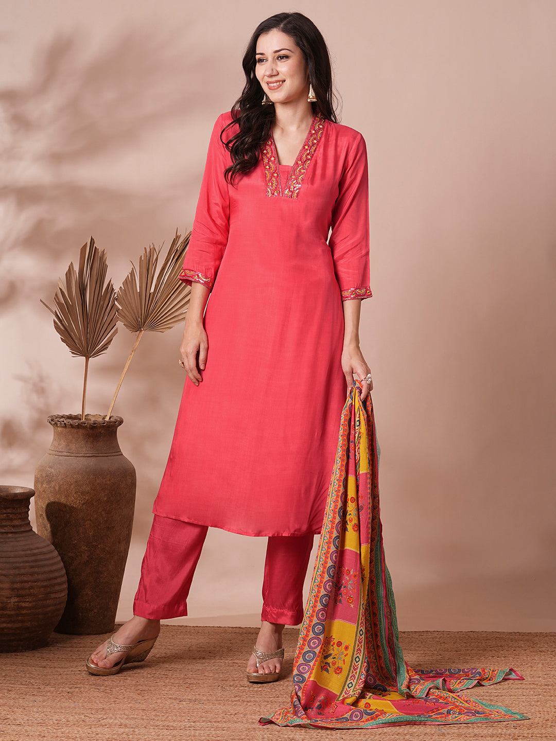 Solid Ethnic Hand Embroidered Straight Fit Kurta with Pant & Printed Dupatta - Pink