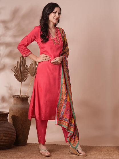 Solid Ethnic Hand Embroidered Straight Fit Kurta with Pant & Printed Dupatta - Pink