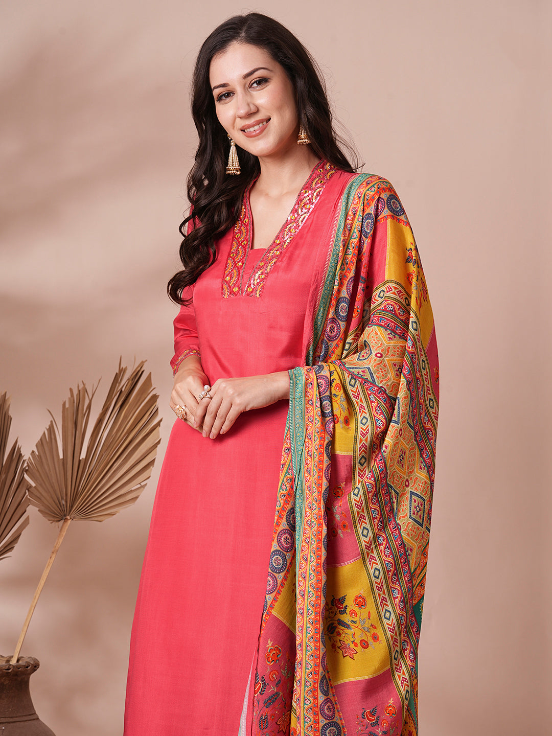 Solid Ethnic Hand Embroidered Straight Fit Kurta with Pant & Printed Dupatta - Pink