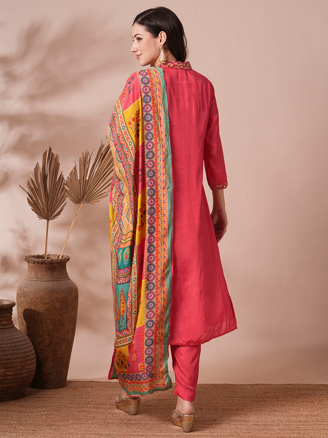 Solid Ethnic Hand Embroidered Straight Fit Kurta with Pant & Printed Dupatta - Pink