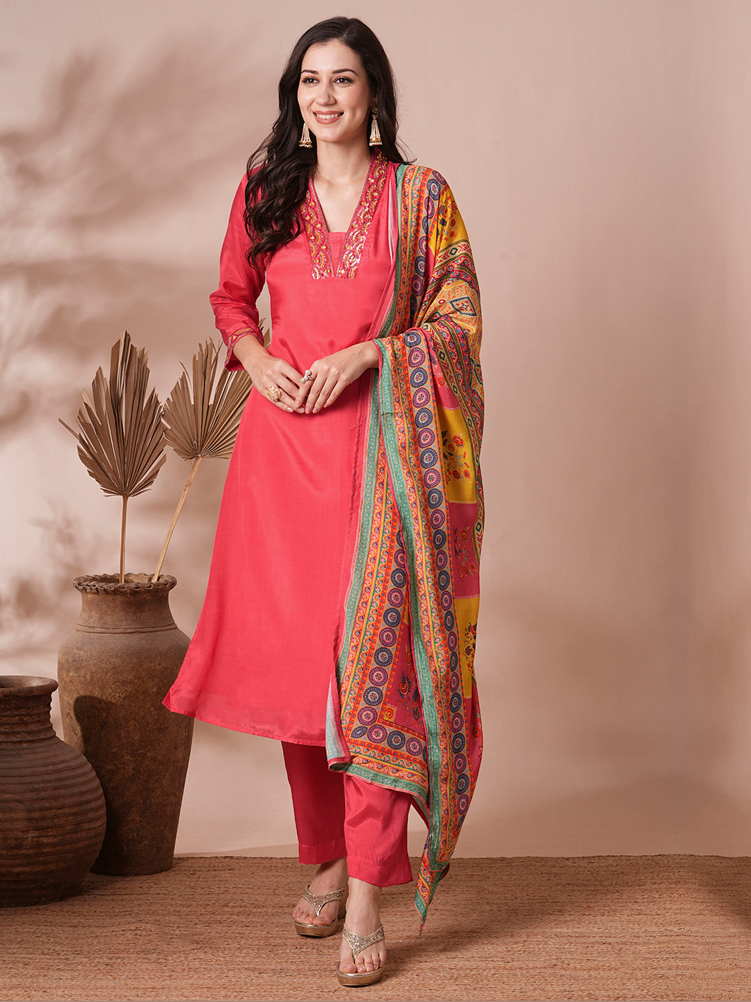 Solid Ethnic Hand Embroidered Straight Fit Kurta with Pant & Printed Dupatta - Pink