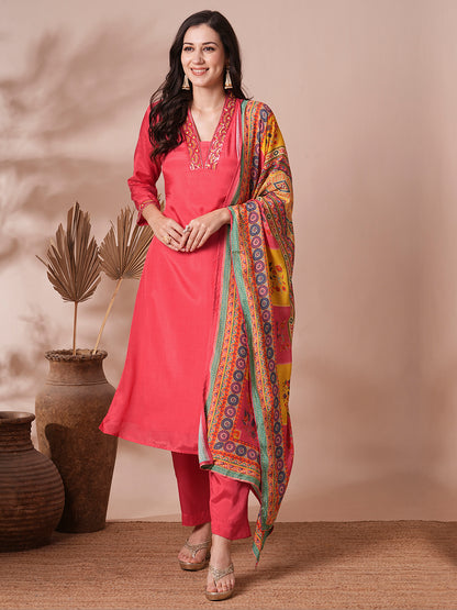 Solid Ethnic Hand Embroidered Straight Fit Kurta with Pant & Printed Dupatta - Pink