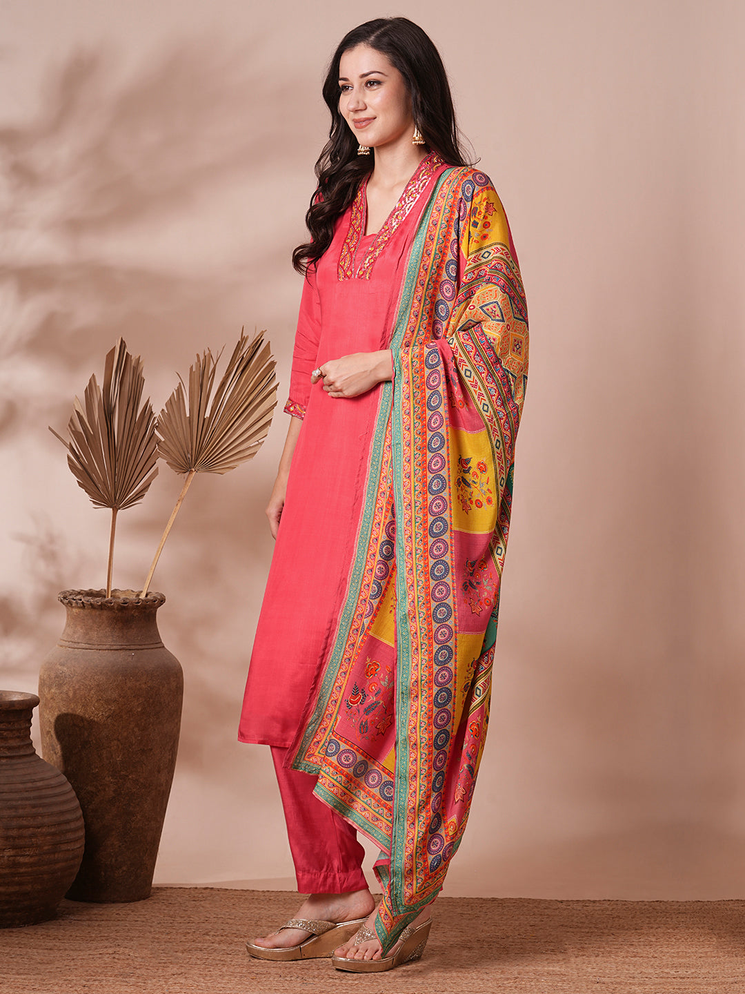 Solid Ethnic Hand Embroidered Straight Fit Kurta with Pant & Printed Dupatta - Pink