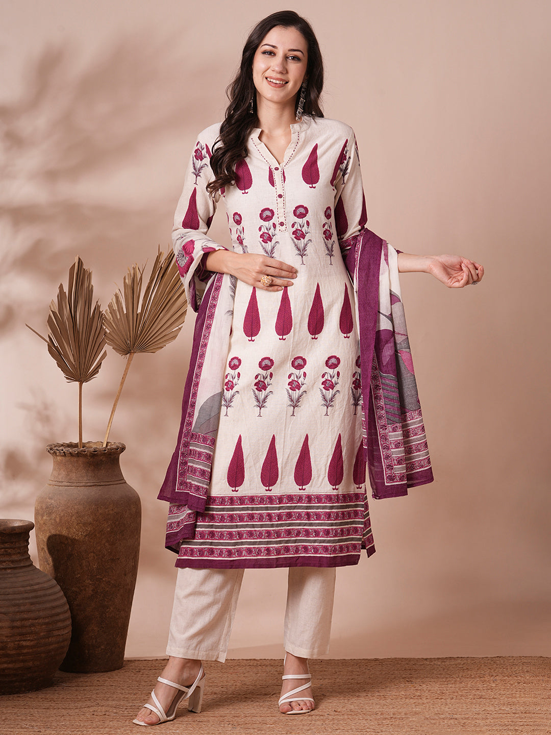 Ethnic Printed Straight Fit Cotton Flax Kurta with Pant and Dupatta - Off White