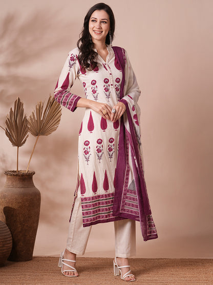 Ethnic Printed Straight Fit Cotton Flax Kurta with Pant and Dupatta - Off White