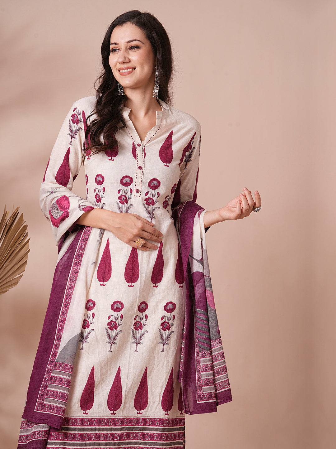 Ethnic Printed Straight Fit Cotton Flax Kurta with Pant and Dupatta - Off White